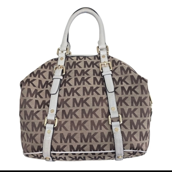 Michael Kors Handbag Bedford Women Medium Logo Satchel Jacquard Beige - Picture 4 of 14